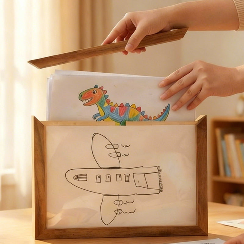 Solid Wood Kids' Artwork Storage & Display Frame Walnut | Holds 250+ Pieces