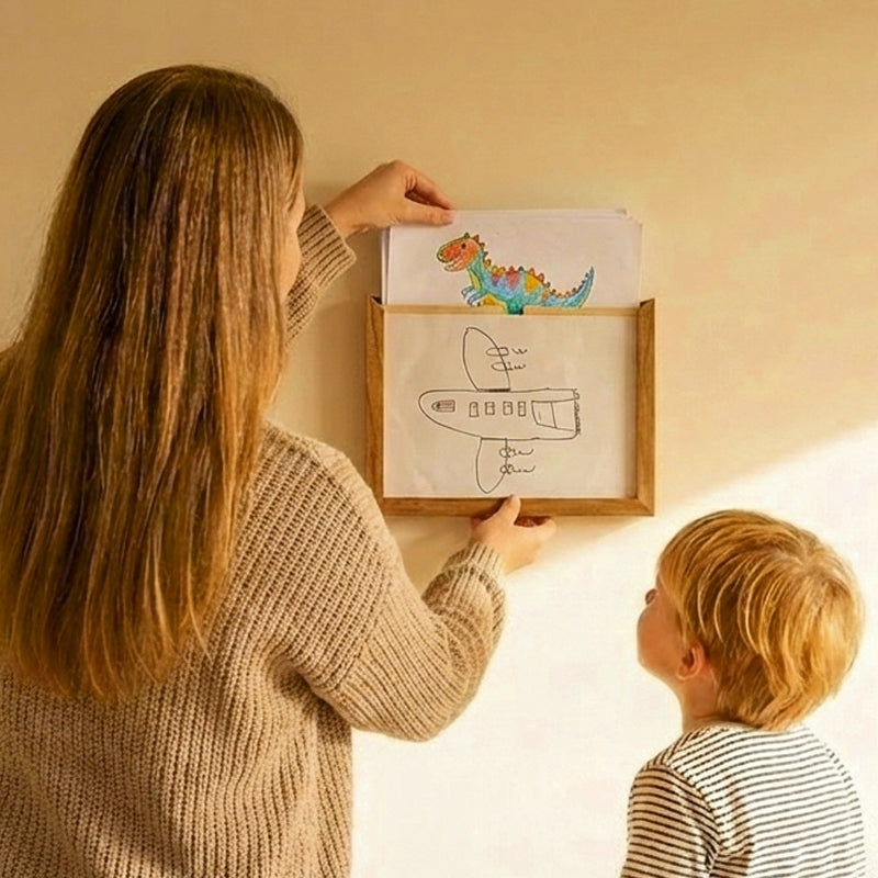 Solid Wood Kids' Artwork Storage & Display Frame Walnut | Holds 250+ Pieces